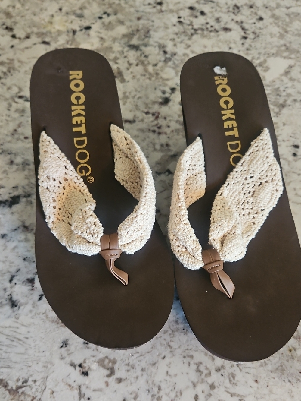 Rocket Dog Brown Wedge Sandals with Ivory/Cream Crochet Straps Size 10 womens